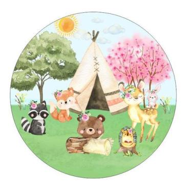 Imagem de Painel de Lona Redondo Bosque Menina Animais Aquarela - Fabrika De Fes