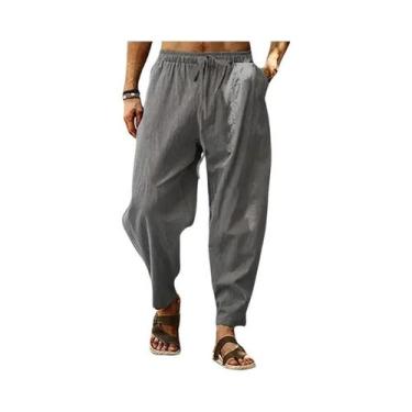 Imagem de Calças Masculinas De Cintura Alta, Largas, Em Algodão E Linho, Casuais