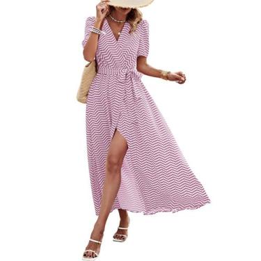 Imagem de Vestido PRETTYGARDEN XXL Poá Rosa e Branco Transpassado Decote V Maxi
