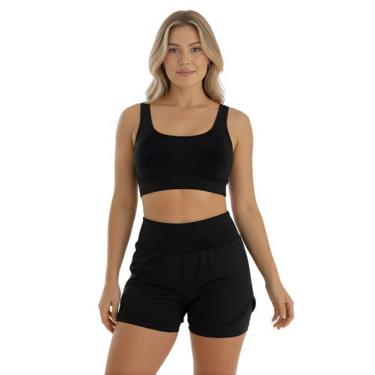 Imagem de Conjunto de Short Duplo Fitness Academia Treino Feminino Cor:PretoTama