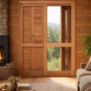 Imagem de Porta Janela Eucalipto com Veneziana Pantográficas e Caixilho de Correr 160x213 Premium Natural