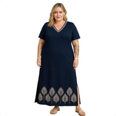 Imagem de Vestido Feminino Super Midi Manga Curta Fendas Plus Size-Feminino