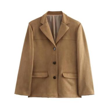 Imagem de Blazer Feminino Marrom De Camurça Manga Longa Vintage Ajustado Primave