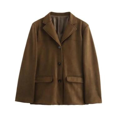 Imagem de Blazer Feminino Marrom De Camurça Manga Longa Vintage Ajustado Primave