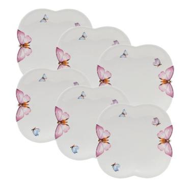 Imagem de Conjunto 6 Pratos Sobremesa Porcelana Borboletas Branco 19cm Wolff