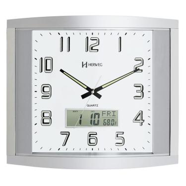 Imagem de Relógio Parede Prata Quadrado Grande Com Calendário e Termômetro Herweg - 6421