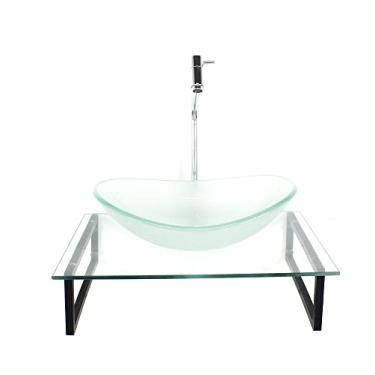 Imagem de KIT CUBA DE VIDRO OVAL 10MM JATEADA TAMPO 50CM INCOLOR COM SUPORTE TORNEIRA VALVULA