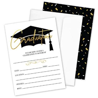 Imagem de 25 convites de festa de formatura dourados e pretos com envelopes para faculdade, ensino médio, celebração ou anúncio de formatura universitário - cartões de convite preenchidos com estilo - suprimentos de decoração de festa