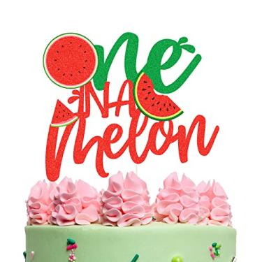 Imagem de Um em um topo de bolo de melão, decoração de bolo de melancia com glitter para festa de primeiro aniversário de bebê, topo de bolo de um ano de idade, tema de frutas, chá de bebê, suprimentos de festa