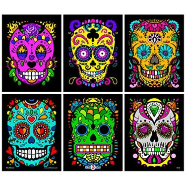 Imagem de Sugar Skulls Fuzzy Velvet Halloween Coloring Posters (Day of the Dead and Dia de los Muertos) - 6 Pack - Great Halloween Craft Activity for Kids, Toddlers, Teens and Adults - Posters Arrive Uncolored