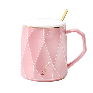 Imagem de Caneca estilo minimalista com tampa de colher estilo nórdico poligonal xícara de café de cerâmica presente para escritório casa (estilo minimalista rosa, 400 ml)