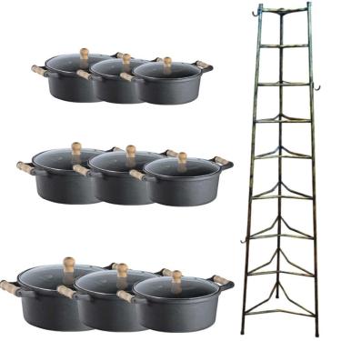 Imagem de Jogo Caçarola Ferro Alça Madeira T/V 16 ao 32cm e Paneleiro
