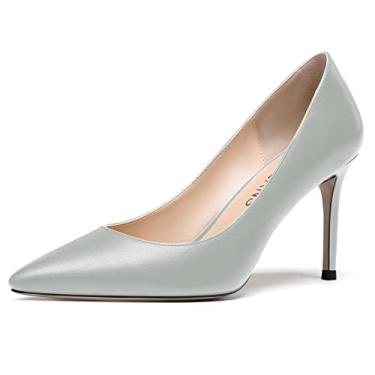 Imagem de WAYDERNS Sapatos femininos foscos de bico fino sem cadarço, salto alto stiletto, sapatos de vestido de casamento 8,8 cm, Cinza, 9.5