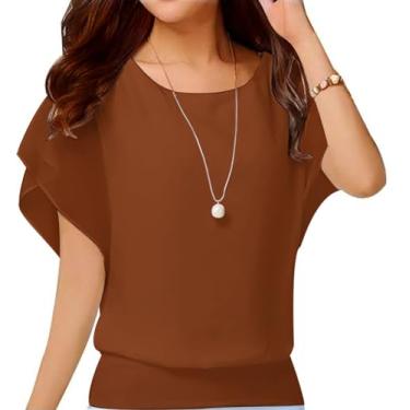 Imagem de VIISHOW Blusa feminina de verão solta casual manga curta chiffon top camiseta, Caramel, G