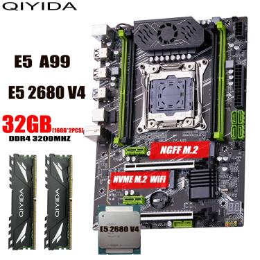 Imagem de QIYIDA-X99 Kit de Placa Mãe  LGA2011-3  xeon E5  2680  V4  2x16GB  32GB  3200MHz  4 canais  DDR4