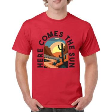 Imagem de Camiseta masculina Here Comes The Sun Retrô Boho Cactus Canyon Sunrise Vintage Viagem Hippie Verão Anos 60 Sul, Vermelho, GG