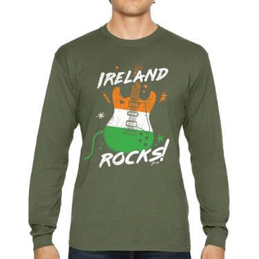 Imagem de Camiseta de manga comprida com bandeira de guitarra Ireland Rocks Dia de São Patrício Shamrock Groove Vibe Pub Celtic Rock and Roll cravo, Verde militar, 3G