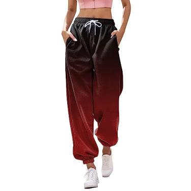Imagem de Calça de moletom feminina plus size, calça jogger casual de verão, calça de perna reta, calça de treino macia, Vinho, XXG