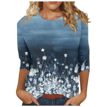 Imagem de Camisetas femininas de verão 2024 manga 3/4, casual, estampa floral, gola redonda, túnica, camisetas estampadas, Ofertas relâmpago azul-marinho, P