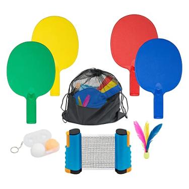 Imagem de Conjunto de pás de ping pong portáteis de plástico com 4 pás de tênis de mesa com rede retrátil de ping pong - 2 bolas de ping pong com 1 passarinho. Perfeito para escritório, gramado e jogos de praia para adultos e famílias.