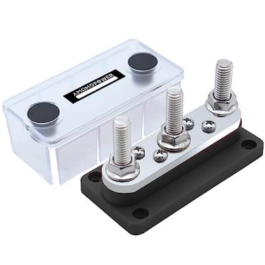 Imagem de AMOMD Barras de ônibus 300A 3 pinos terminais (3/20.3 cm) M10 4 8#-32 parafusos bloco de distribuição de cobre niquelado barras de barramento elétrico negativo 12-48 V DC com tampa para trailer,