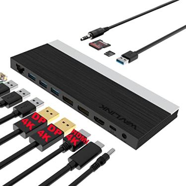 Imagem de WAVLINK dock USB-C com PD 100W, suporta tela tripla 4K (HDMI + 2xDP), Ethernet, 4x USB 3.0, leitor SD/TF e áudio 3,5mm. Compatível com MacBook Pro, Dell XPS 13/15, HP e outros.