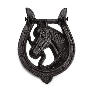 Imagem de BRASSTAR Ferro fundido antigo cavalo martelo batente de porta acabamento colecionável vintage cor ferrugem acessórios de decoração de casa TQGJPT169