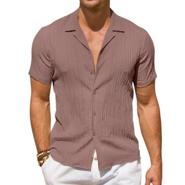 Imagem de DEMEANOR Camisas de linho masculinas de manga curta camisa de linho texturizada casual abotoada camisas de praia de verão de linho, Marrom claro, G