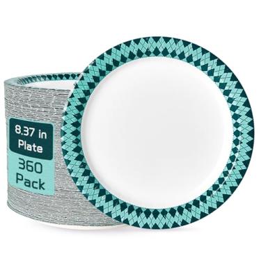 Imagem de JOLLY PARTY Pratos de papel descartáveis, 360 unidades de pratos de papel de jantar de 21,3 cm, pratos descartáveis à prova de imersão, placas de papel à prova de corte para uso diário, design de aro
