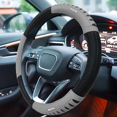 Imagem de NICEASY Capa de volante de fibra de carbono preta estilo esportivo com acessório de volante cinza, ajuste universal para volante de 37,5 a 38 cm