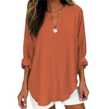 Imagem de Camiseta feminina de linho, manga comprida, cor sólida, botões, gola V, plus size, confortável, túnica, camisa de verão, Laranja, 4G