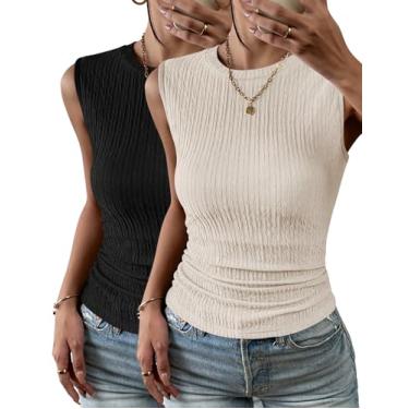 Imagem de Zeagoo Pacote com 2 camisetas femininas de gola alta, justas, básicas, de malha, texturizadas, sem mangas, Pacote com 2: bege e preto, XXG