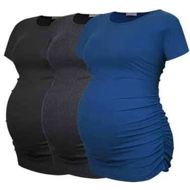 Imagem de Smallshow Camisetas femininas de maternidade com nervuras Rcuhed Roupas para Gravidez Pacote com 3, Preto-escuro cinza azul-petróleo (pacote com 3), M