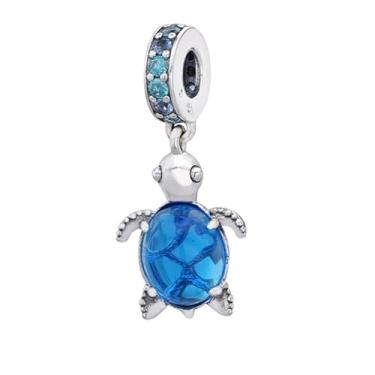 Imagem de Berloque Tartaruga com Cristal - Banhada a prata - cabe pulseira Pandora Viavara para Berloques de Prata 925 - infantil e adulta (azul)