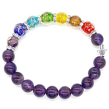 Imagem de Pulseira de contas de Firefly + ágata / ametista com contas de chacra e contas de pedra de ametista, contas de vidro luminoso + contas de cristal de pedra preciosa natural para antiansiedade, cura, energia, dinheiro, riqueza, abundância, Feng Shui, Cristal Pedra preciosa, Ametista