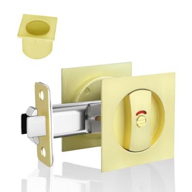 Imagem de Fechadura de porta de bolso dourada escovada com puxador de borda, trava de bolso de privacidade vermelho-verde para cama/banheiro/sala de estudo, montagem embutida alinhada com a superfície,