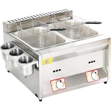 Imagem de Fritadeira profunda, fritadeira comercial a gás de aço inoxidável com tampa e 2 cestos fritos, botão independente de temperatura ajustável, frigideira de óleo de bancada para batatas fritas,