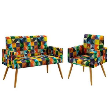 Imagem de Kit Poltrona Namoradeira e Poltrona Estofada Nina Sued Estampado Color