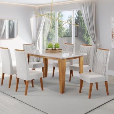 Imagem de Mesa de Jantar Retangular Dakar 1,60x90 com Vidro e 6 Cadeiras Vegas em Madeira Maciça Mel/Off White/Marfim