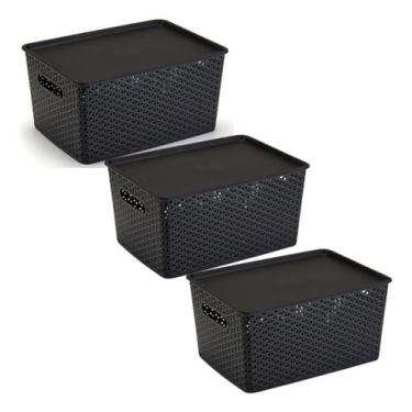 Imagem de Kit 3 Caixas Organizadoras C/ Tampa Grande 15 L Rattan Preta - Plasnor