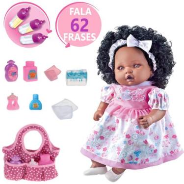 Imagem de Kit Boneca Angelina Negra 62 Frases Interage + Bolsa Rosa - Milk Brinq