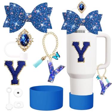 Imagem de Conjunto de acessórios para copos Stanley de 8 peças, incluindo tampa e bota de cobertura de canudo de silicone, tampa à prova de derramamento, pingente de alça, adesivo (azul escuro Y)