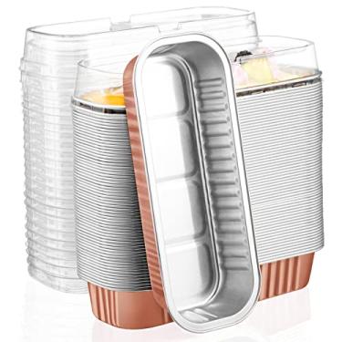 Imagem de EUSOAR Ramequins descartáveis, 100 peças 192,8 g 16,5 x 6,3 x 3 cm copos de alumínio ouro rosa com tampa, formas retangulares latas de torta, copos de sobremesa, recipientes para cheesecake, creme Brulee para festa de casamento