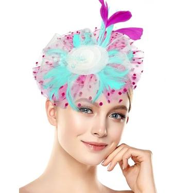 Imagem de Chapéu Fascinators vintage anos 20, anos 50, para mulheres, festa de chá, Halloween, tiara de flores, chá de panela, casamentos, eventos temáticos, Azul, rosa, branco, 1-2