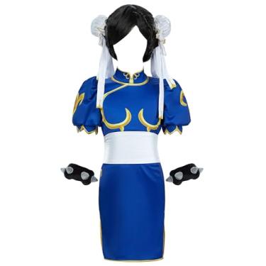 Imagem de Micotaku Street Fighter Chun Li Cosplay Costume Cheongsam for Age 3+ Girls,Includes Dress, Waistband, Headpiece, Bracelet