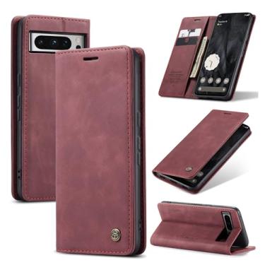 Imagem de Narsbean Capa para Google Pixel 8 Pro, capa magnética de couro com suporte para cartão, suporte - Capa protetora durável à prova de choque de TPU para Google Pixel 8 Pro (vermelho)