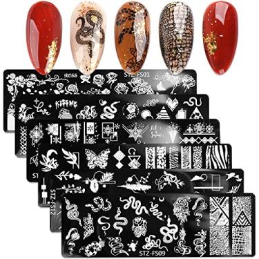Imagem de DANNEASY 6 peças de placa de estampagem de unhas, serpente, flor, folha, carimbos de unhas, estênceis de unhas abstratos, placas de estampagem para unhas, modelo de manicure, ferramentas de arte de unhas, acessórios de unhas DIY (série elegante)