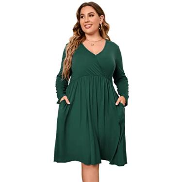 Imagem de Vestido plus size com decote em V, evasê, plus size, comprimento até o joelho, vestido rodado midi para mulheres curvilíneas, Verde escuro nº 35 - verde escuro 2GG, 3G