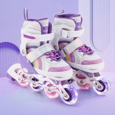 Imagem de Patins Infantil Roller Inline Roxo Sereia Ajustável Com Luz De Led Cri