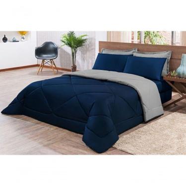 Imagem de Kit Edredom + Jogo De Lençol Aconchego Look House Dupla Face Solteiro 04 Peças - Azul E Cinza